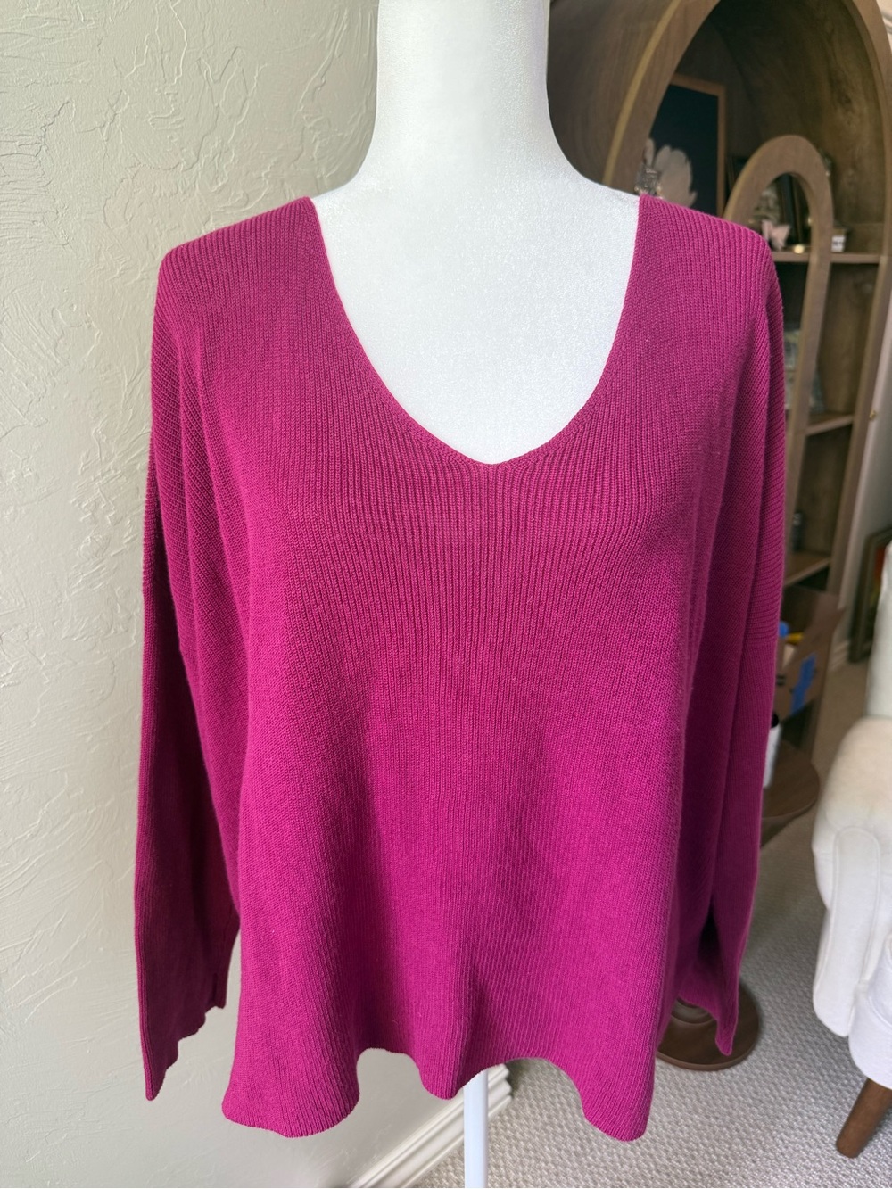 Eileen Fisher XL Organic Cotton V Neck Sweater Berry Pink Oversized
